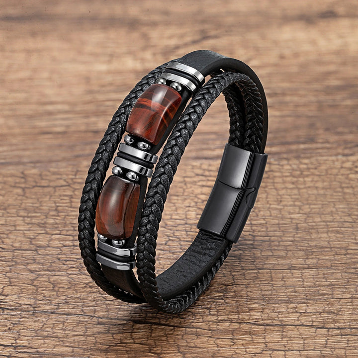 Everyday men's casual bracelet. Tiger eye natural stone, multilayer design with braided leather elements.