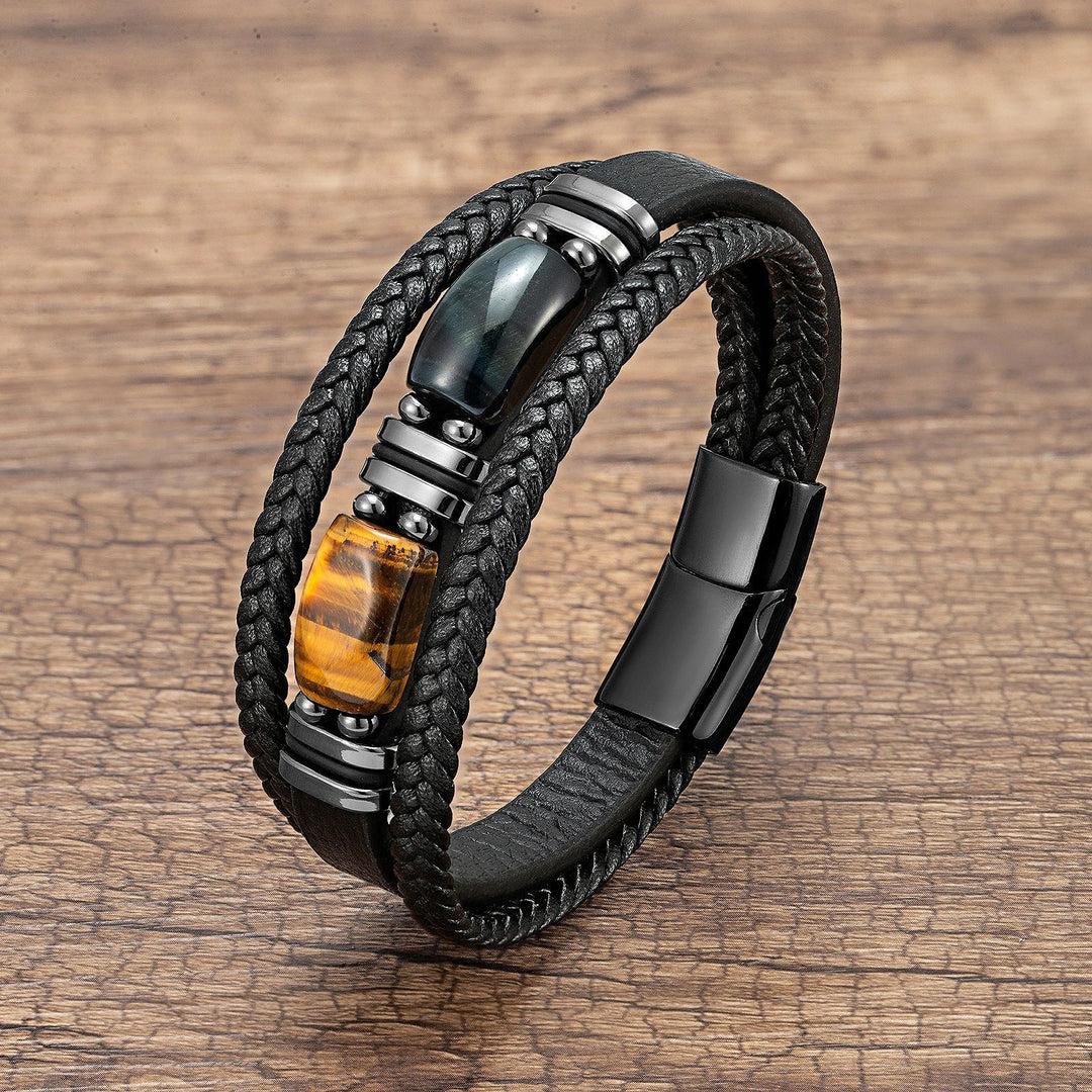 Statement piece mens jewelry: bold tiger eye natural stone multilayer bracelet with stainless steel accents.