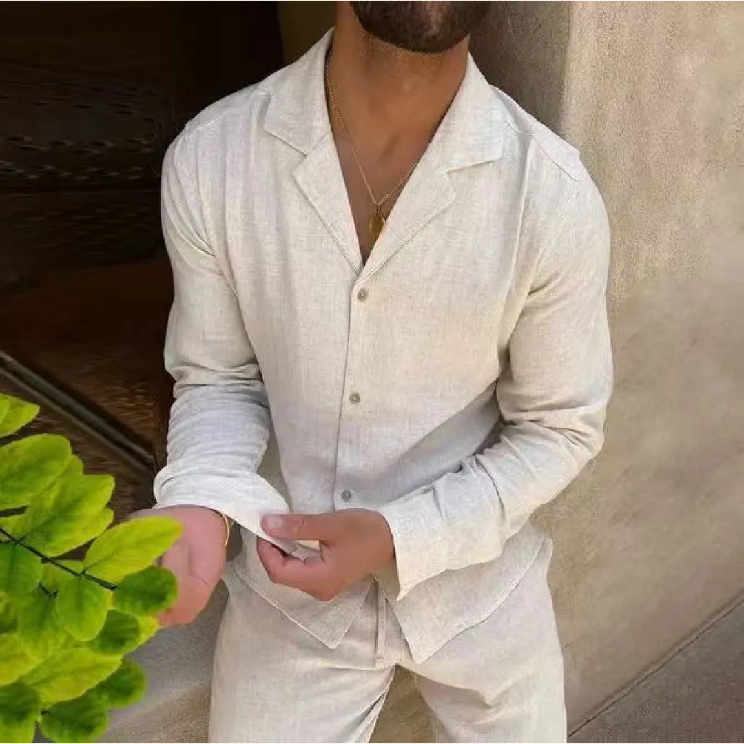 Fashionable men's long sleeve shirt and matching trouser set; a lightweight, breathable two-piece for summer.