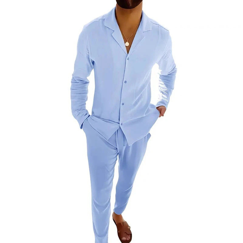 Classic men's long sleeve shirt & trouser set, a timeless and comfortable two-piece casual outfit for him.