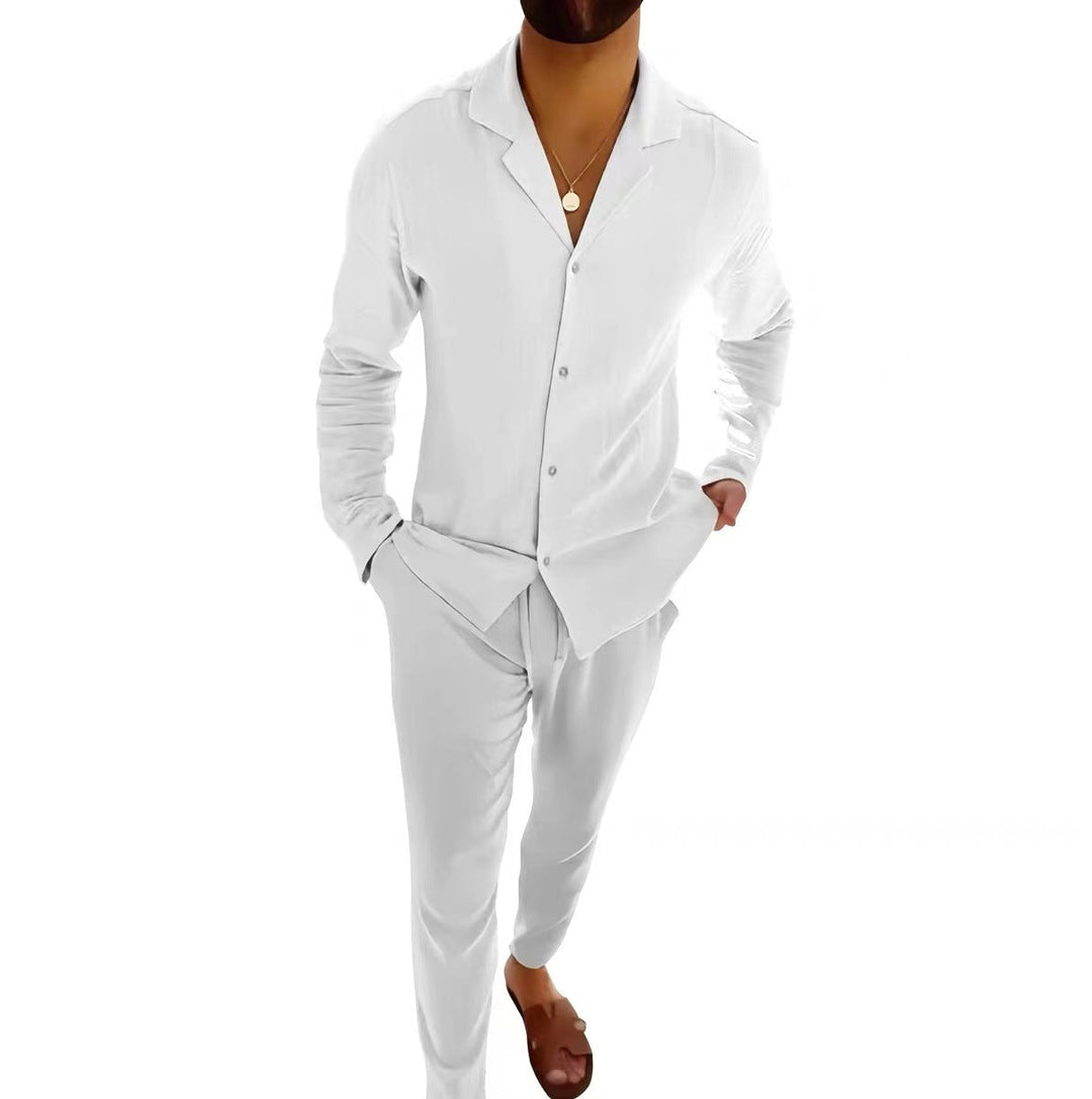 Lightweight men's long sleeve shirt and casual trouser set, ideal for breathable summer fashion and relaxed wear.