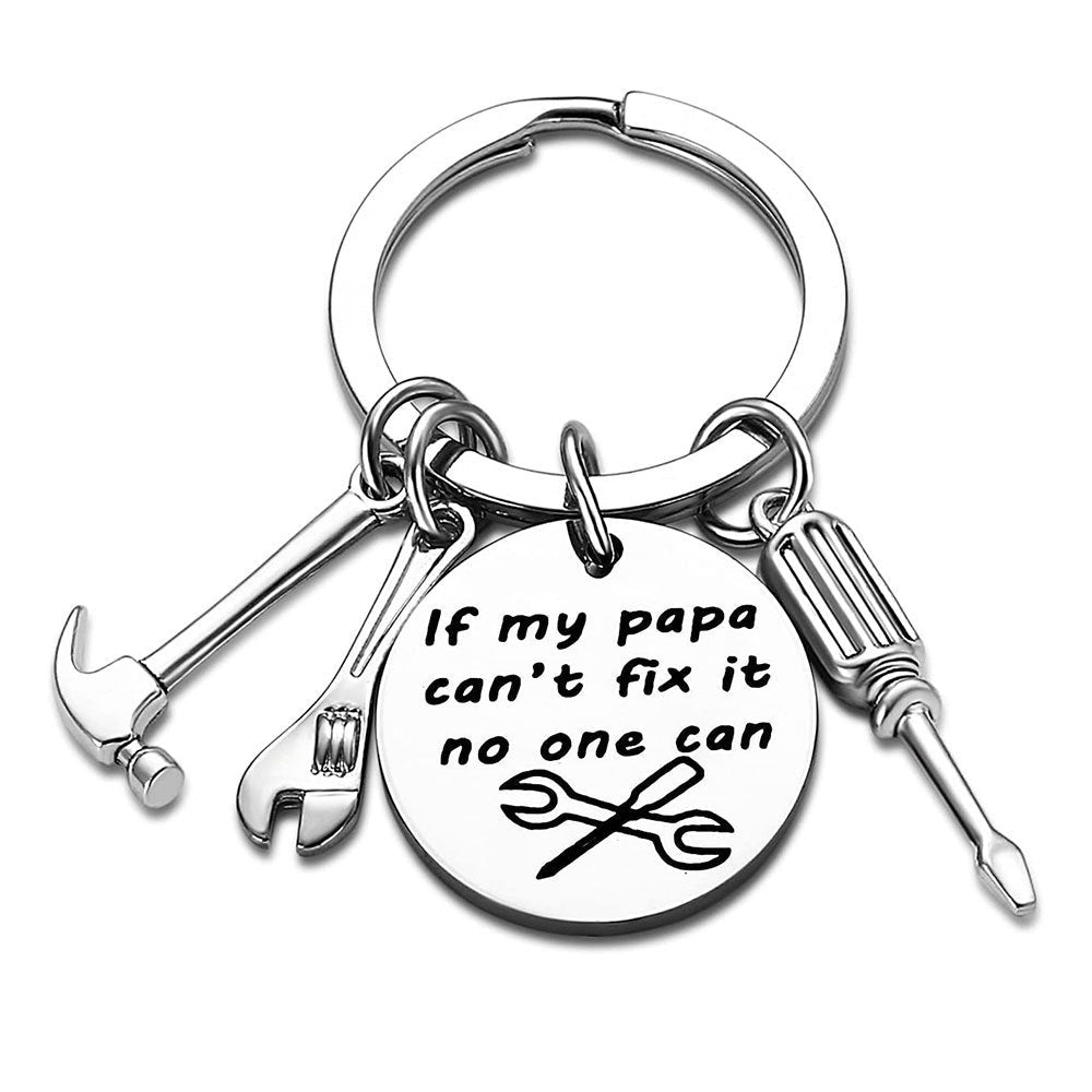 Stylish silver-tone tool charms keychain. Features miniature hammer, wrench, screwdriver, for the handyman in your life.