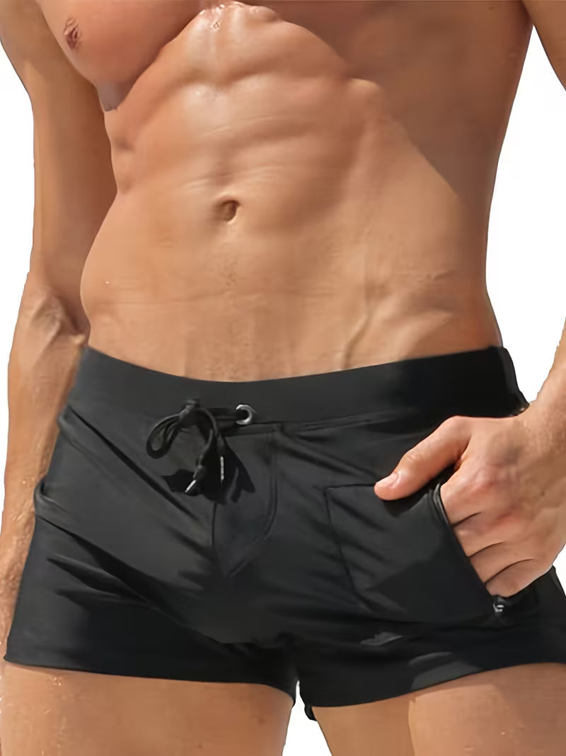 Men's trendy boxer swim trunks with zipper pocket, perfect for beach, pool, and summer vacation.