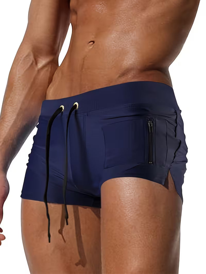 Stylish men's boxer swim shorts for trendy beachwear, pool shorts, or casual summer fashion.