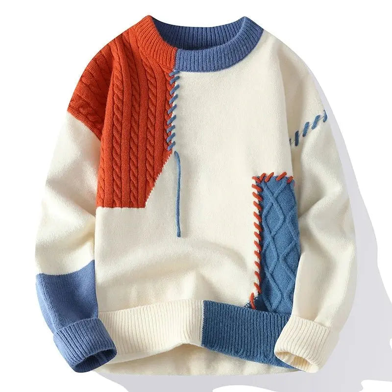 Men's trendy color block knit pullover sweater, long sleeve, for casual fall & winter fashion.