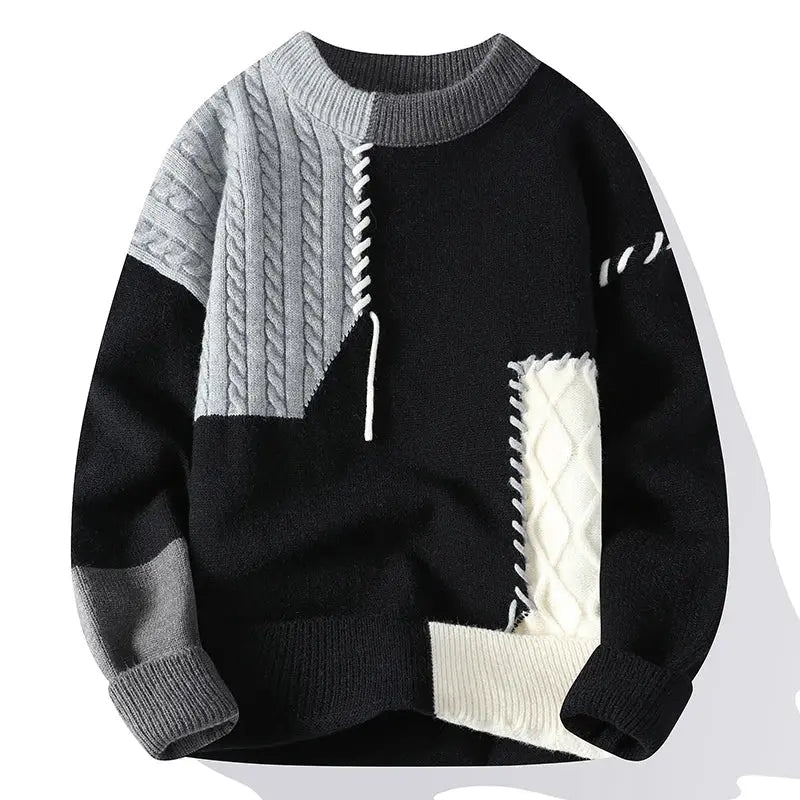 Comfortable men's color block knit sweater, long sleeve pullover, perfect for modern casual style.