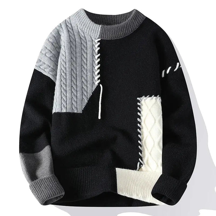 Comfortable men's color block knit sweater, long sleeve pullover, perfect for modern casual style.
