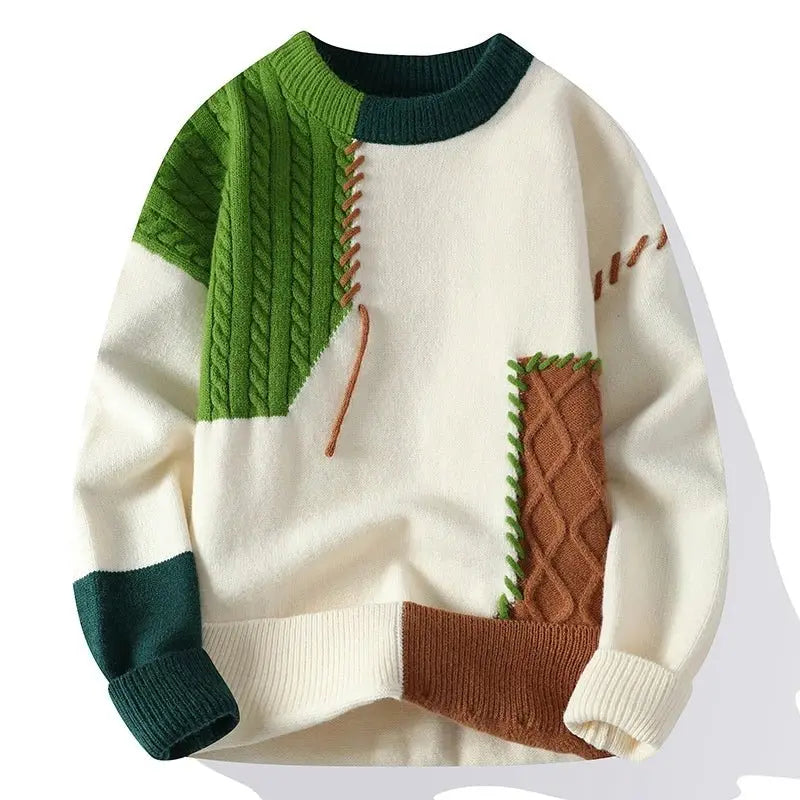Men's casual color block knit sweater, stylish long sleeve pullover for trendy fall and winter outfits.
