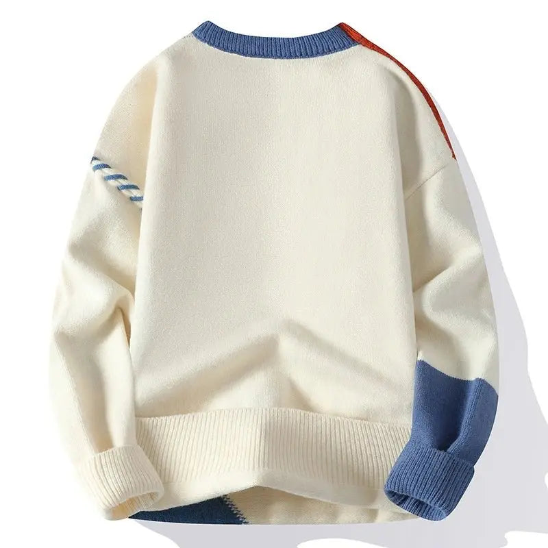Men's stylish color block knit sweater, comfortable long sleeve pullover, great for modern casual wear.