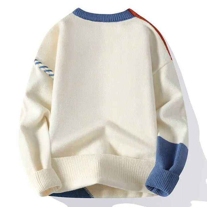 Men's stylish color block knit sweater, comfortable long sleeve pullover, great for modern casual wear.