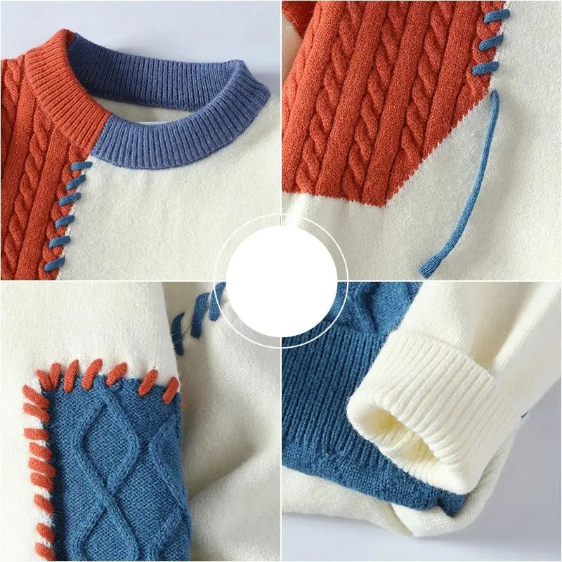 Trendy men's color block knit pullover sweater, long sleeve, offering comfort and style for cold seasons.