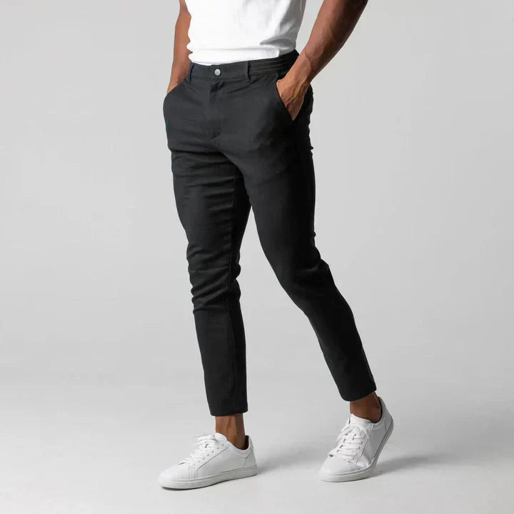 Trendy men's slim fit casual chinos, showcasing a modern silhouette for stylish, comfortable everyday wear.