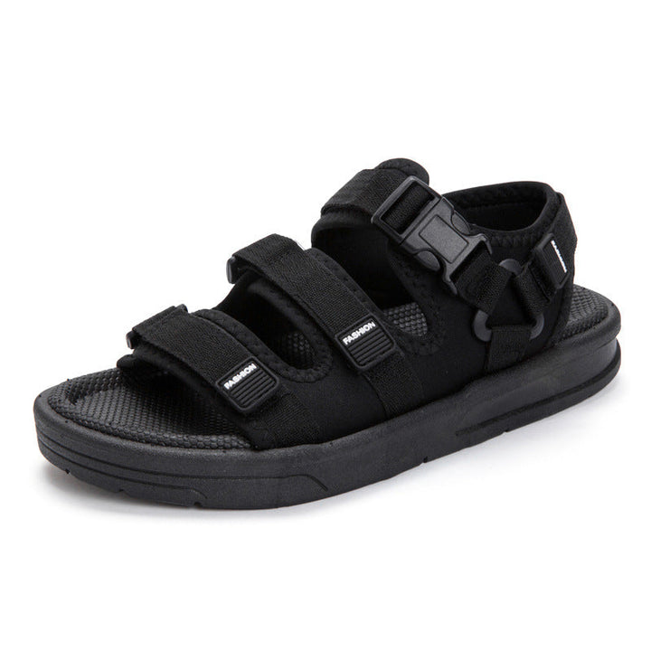 Men's triple strap sandals with cushioned sole for outdoor summer comfort. Adjustable for a perfect fit.