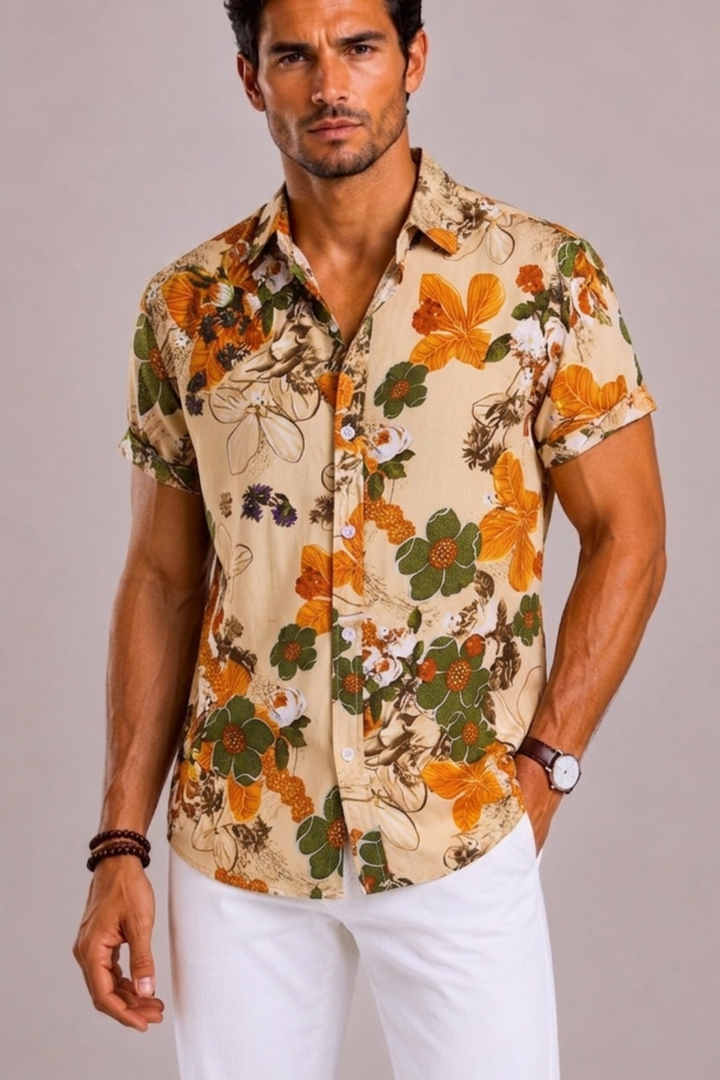 Men's tropical floral shirt, perfect for summer vacations & beachwear. Stylish short-sleeve button-down.