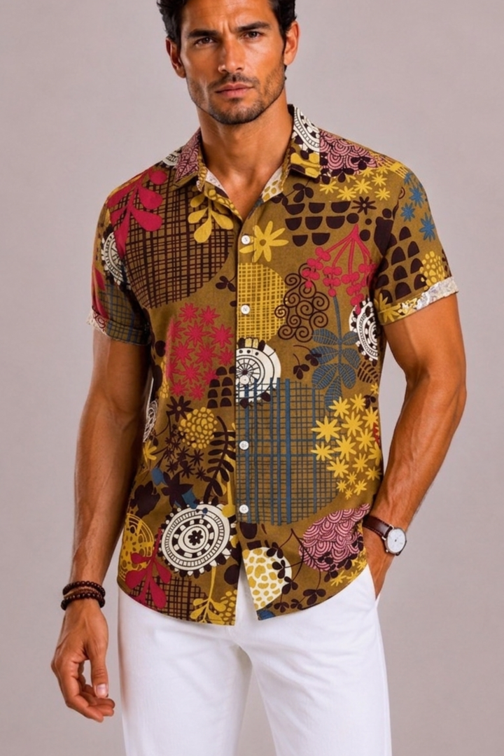 Men's vacation shirt with a vibrant tropical floral pattern. Relaxed fit, short sleeve for summer comfort and style.