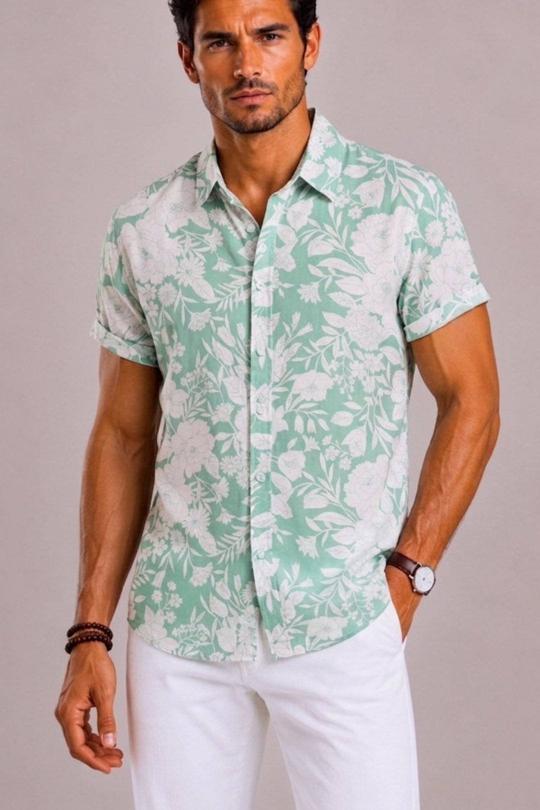 Men's holiday clothing: a comfortable short-sleeve tropical floral shirt for summer, beach, and garden parties.