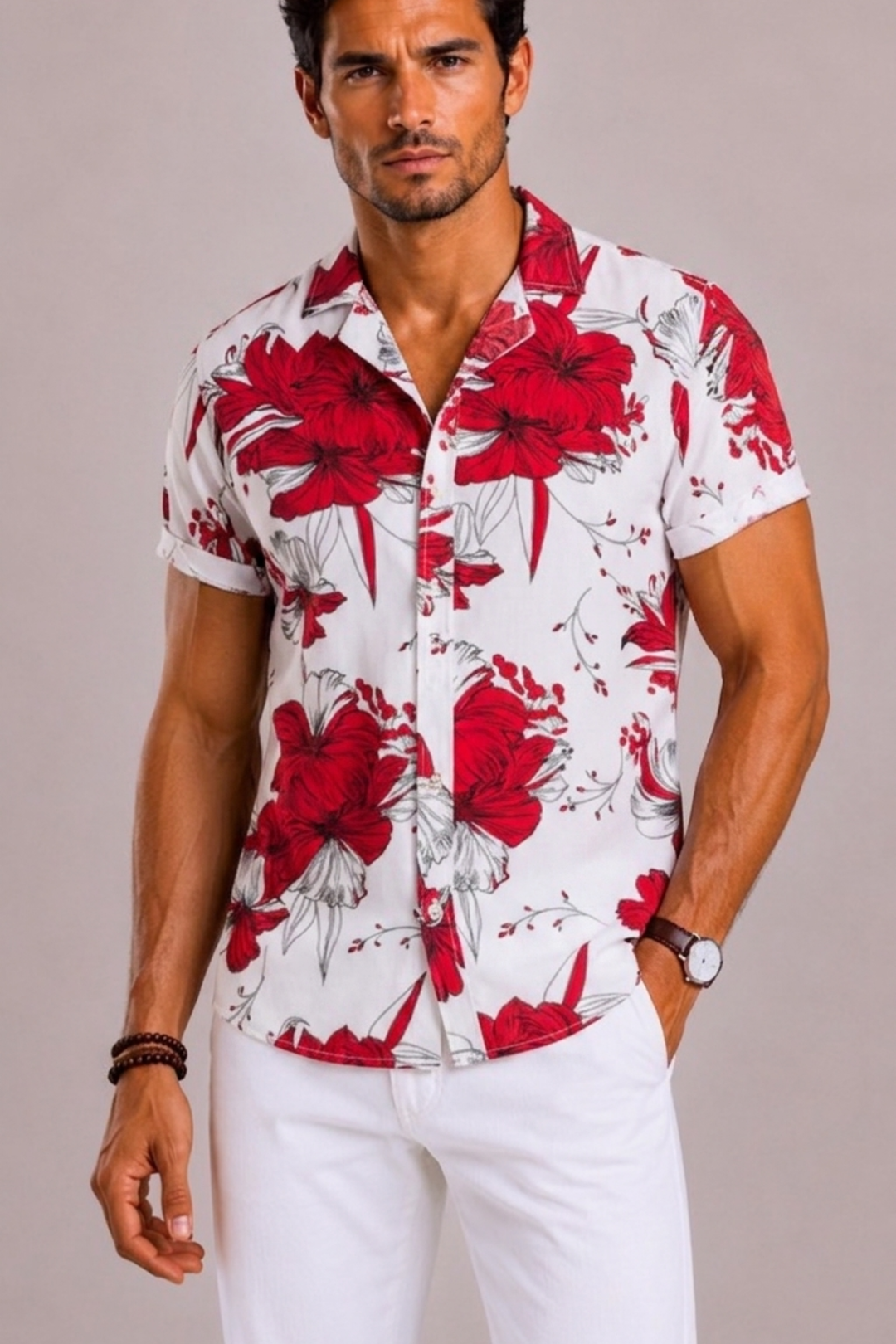 Stylish men's tropical print shirt. Summer fashion must-have with a relaxed fit for casual and vacation wear.