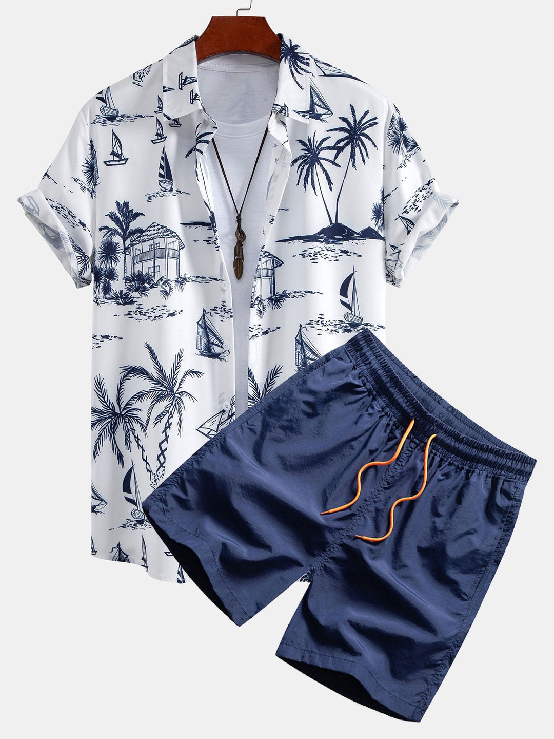 Men's tropical palm print shirt & swim shorts set, ideal for summer beachwear, vacation, and resort outfits.