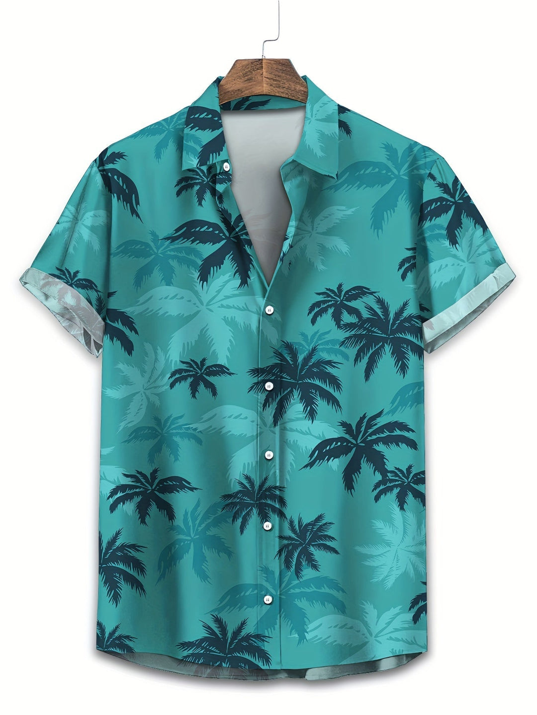 Men's tropical palm tree print short-sleeve shirt, perfect for casual summer beach wear or vacation.