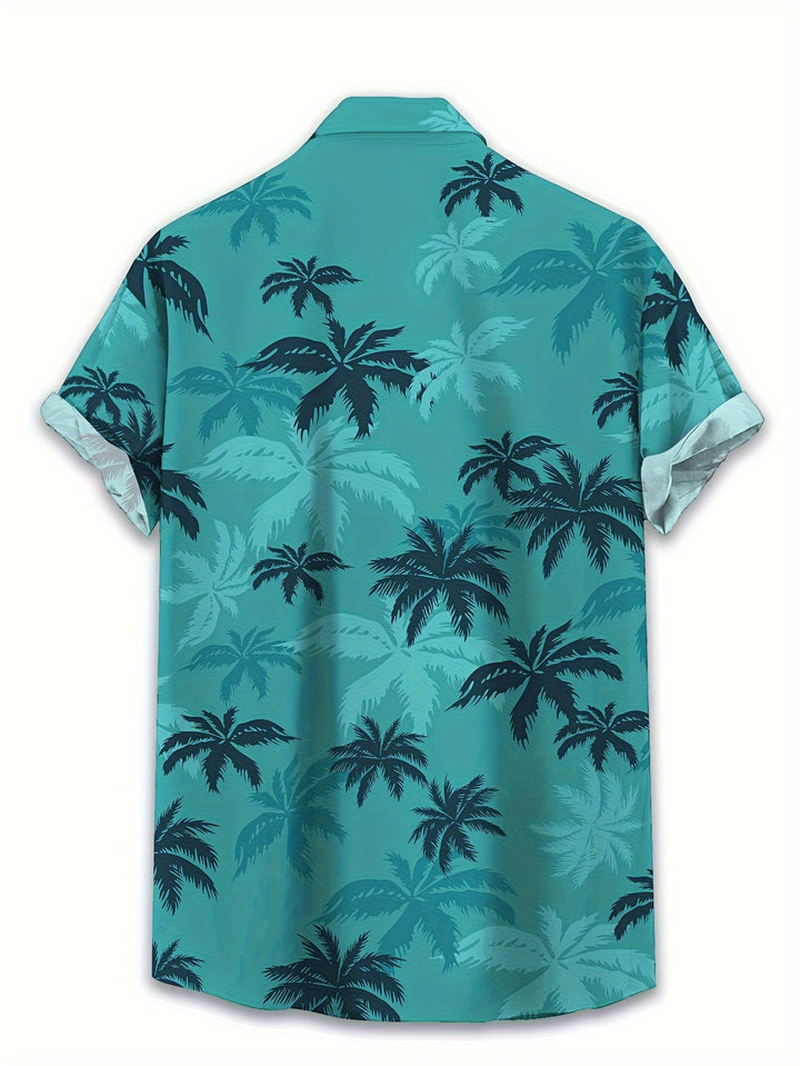 Lightweight men's short sleeve tropical palm tree shirt, ideal for summer resort wear and beach vacations.