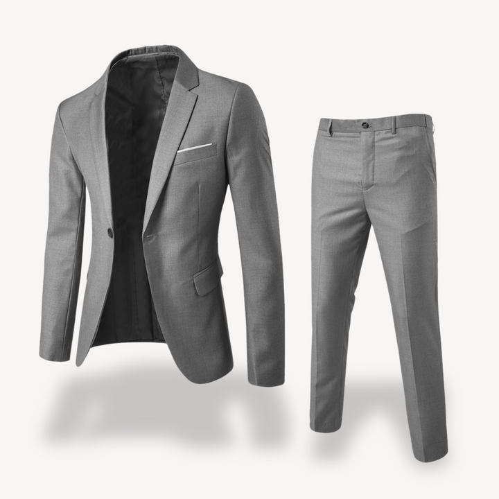 Complete men's formal suit set: a professional two-piece blazer & pants for a sleek, elegant style.