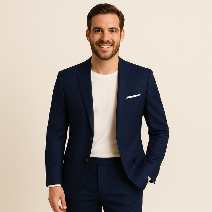 Elegant men's wedding attire: a classic two-piece formal suit with a stylish blazer & matching pants.