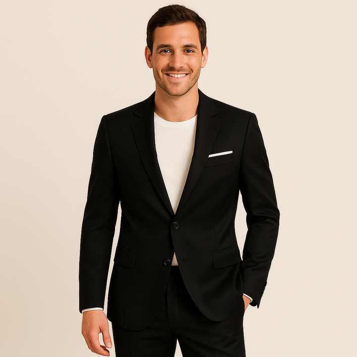 Elegant man in a slim fit business suit, showcasing the style and comfort of this two-piece set.