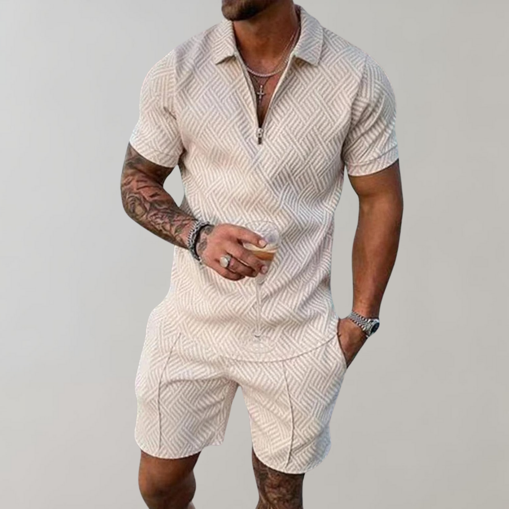 Man wearing a stylish two-piece summer set: polo shirt & shorts. Comfortable casual wear for warm weather fashion.