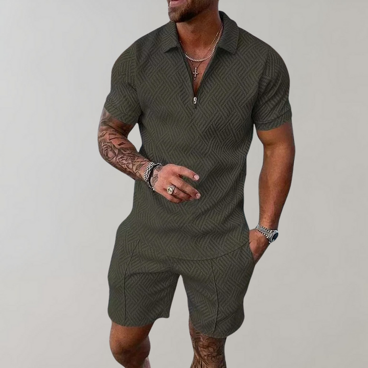 Detail of men's two-piece summer set fabric. Breathable, comfortable material for stylish warm weather polo shirt & shorts.