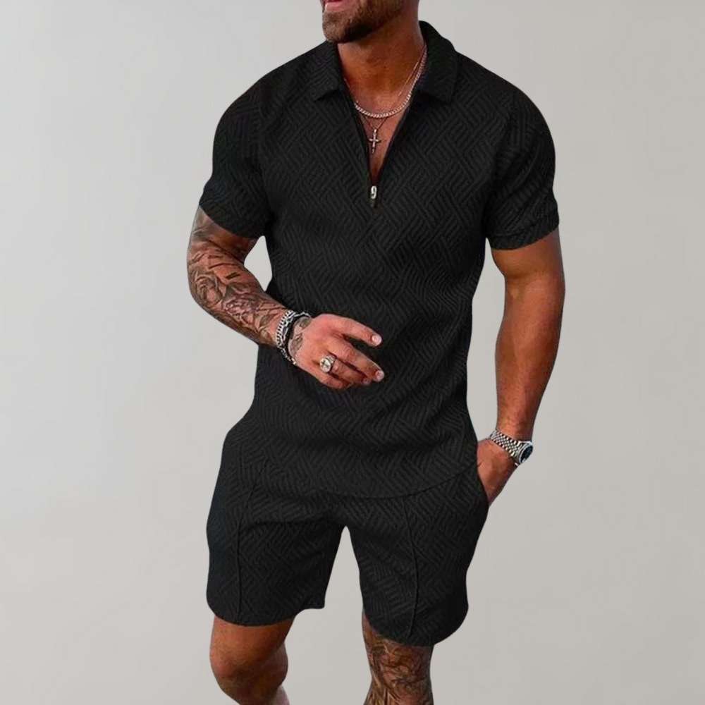 Full view of new men's two-piece summer set: casual polo shirt & matching shorts. Stylish, comfortable for warm days.