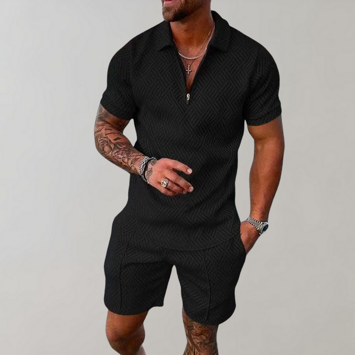 Full view of new men's two-piece summer set: casual polo shirt & matching shorts. Stylish, comfortable for warm days.