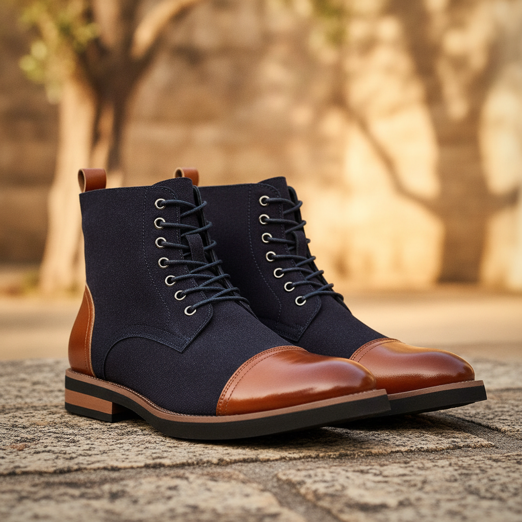 Men's two-tone hybrid ankle boots with laces, perfect for smart casual or formal versatile style.
