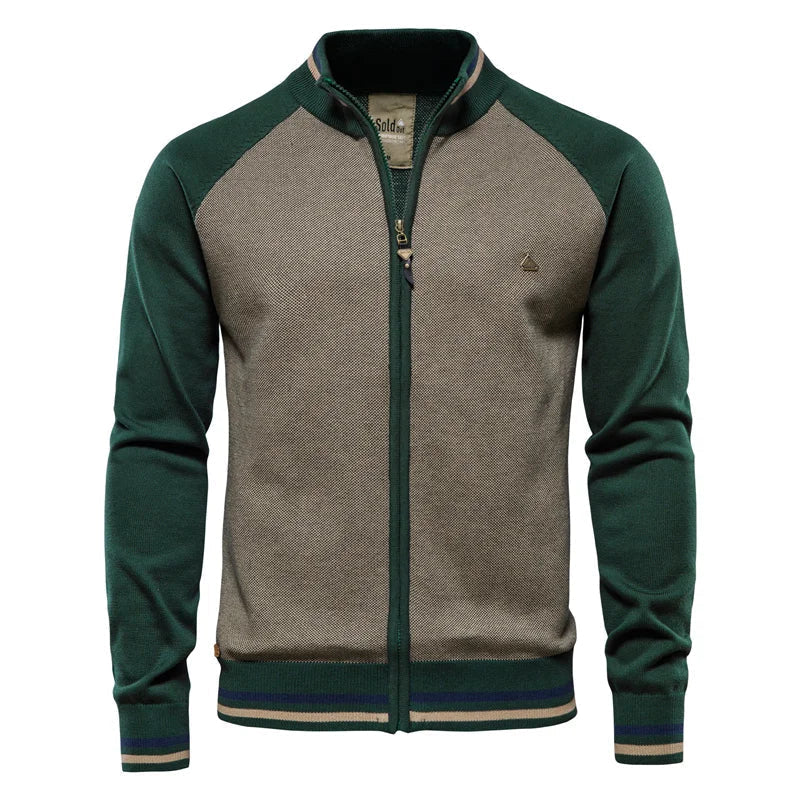 Men's two-tone zip cardigan with ribbed stand collar, perfect for casual layering.