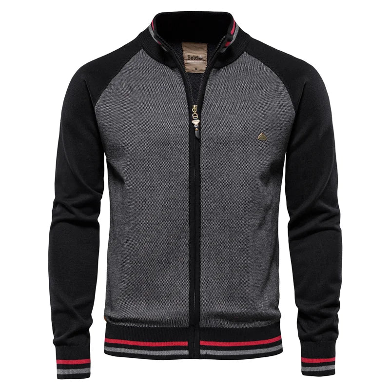 Versatile men's two-tone zip jacket, ribbed stand collar, ideal for fall/spring everyday wear.