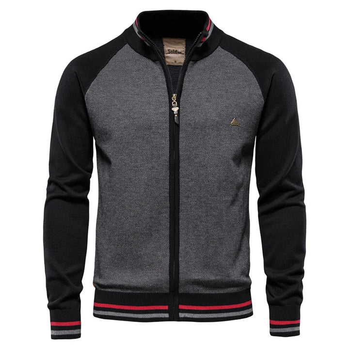 Versatile men's two-tone zip jacket, ribbed stand collar, ideal for fall/spring everyday wear.