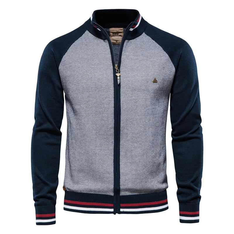 Ribbed knit men's two-tone zip cardigan, stand collar, comfortable casual outerwear.