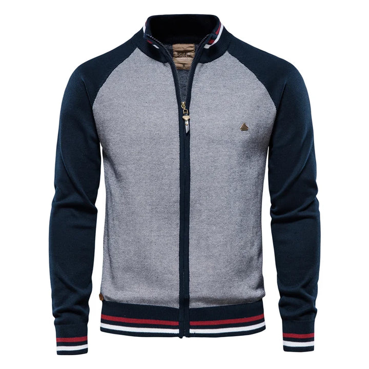 Ribbed knit men's two-tone zip cardigan, stand collar, comfortable casual outerwear.