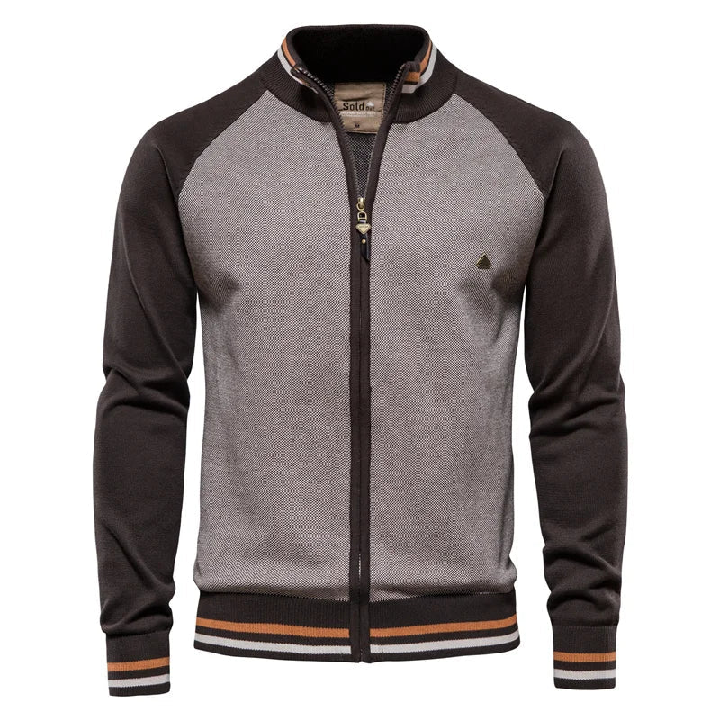 Stylish men's two-tone zip jacket, ribbed stand collar, a key piece for men's fashion.