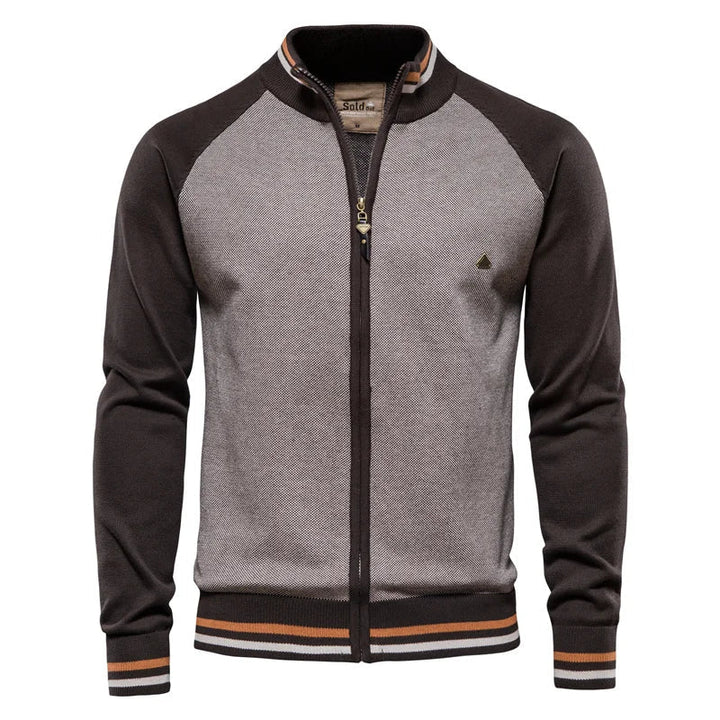 Stylish men's two-tone zip jacket, ribbed stand collar, a key piece for men's fashion.