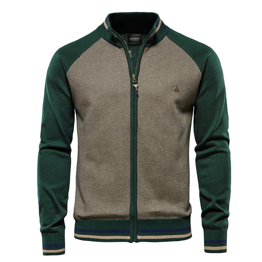 Men's two-tone zip cardigan, ribbed stand collar jacket for versatile layering and warmth.