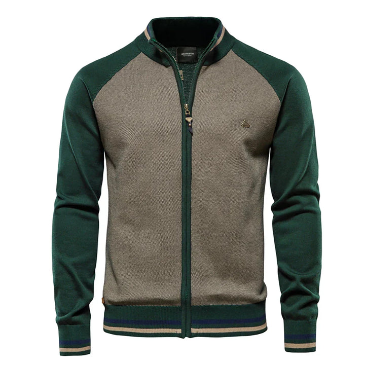 Men's two-tone zip cardigan, ribbed stand collar jacket for versatile layering and warmth.