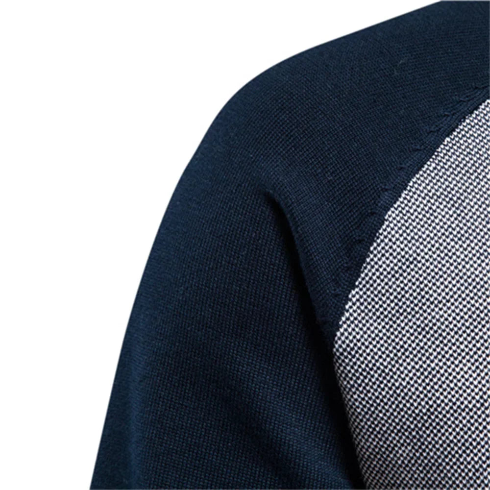 Handsome men's two-tone ribbed zip cardigan jacket, stand collar, perfect for layering outfits.