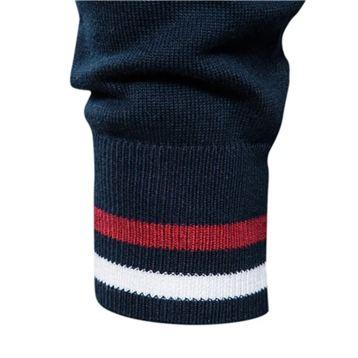 Modern men's two-tone zip cardigan, ribbed stand collar, essential casual outerwear.