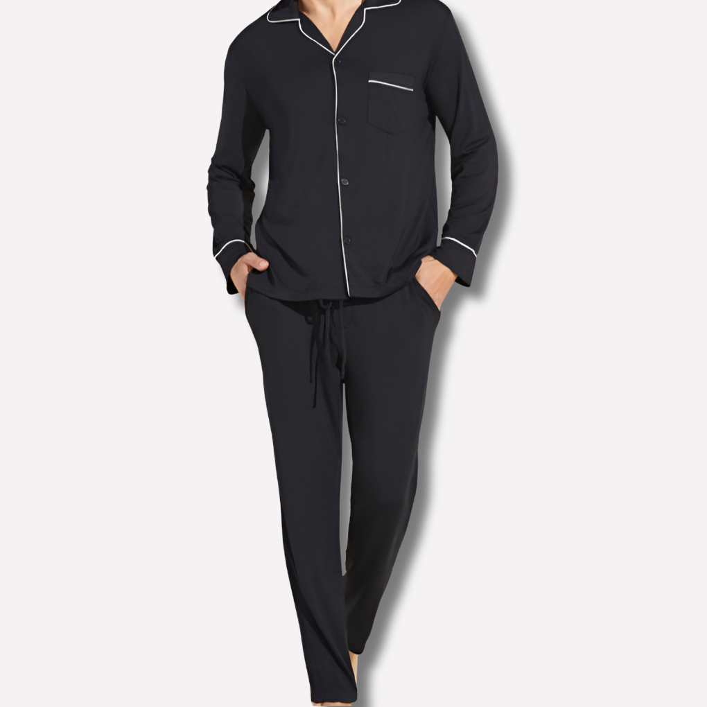 Breathable black cotton pajama set for men. Ultra-soft loungewear with long sleeves & pockets, perfect for comfortable sleep.