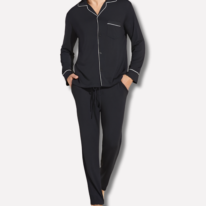 Breathable black cotton pajama set for men. Ultra-soft loungewear with long sleeves & pockets, perfect for comfortable sleep.