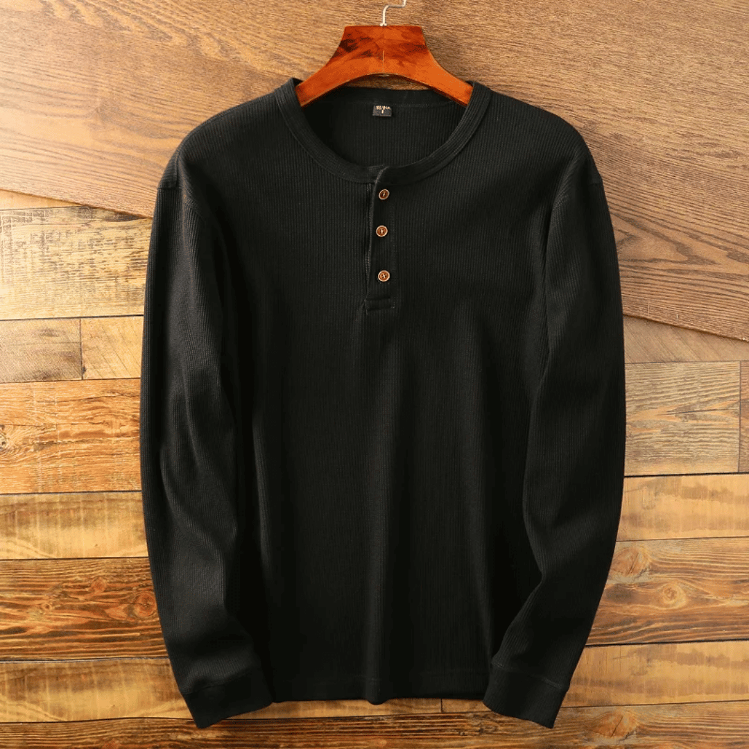 Soft touch men's long sleeve Henley shirt, offering a stylish look and ultimate comfort.