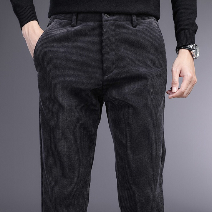 Close-up of men's stretch trousers fabric, highlighting the ultra-soft texture and premium quality for comfort.