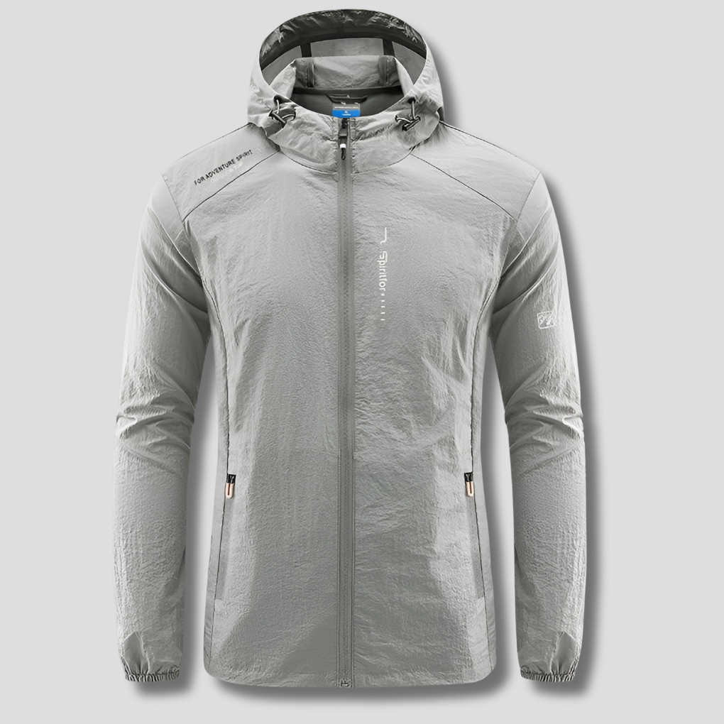 Men's ultralight hooded jacket, offering superior wind & sun protection. Ideal for outdoor adventures & travel.