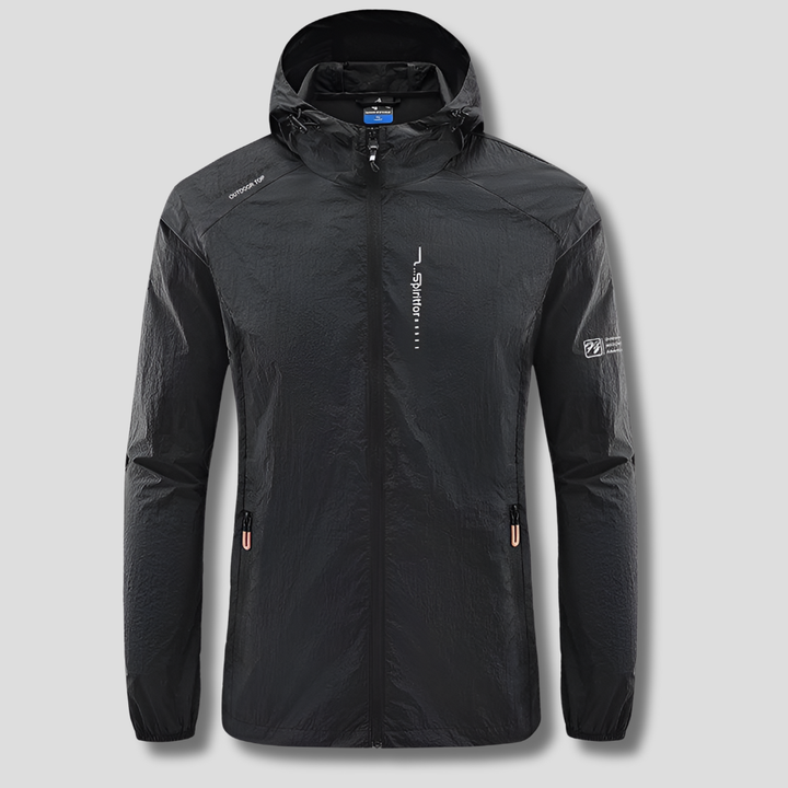Packable men's ultralight hooded jacket, perfect for summer travel. Provides excellent wind & sun protection.