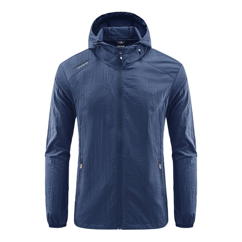 Sporty men's ultralight hooded jacket, featuring wind & sun protection. Perfect for hiking, running, & active travel.